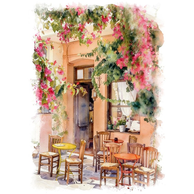 絵画 ギリシャ 風景画(街並み)  ナクソス島の村 インテリアアート額付き 水彩画・油絵調 WAT0450
