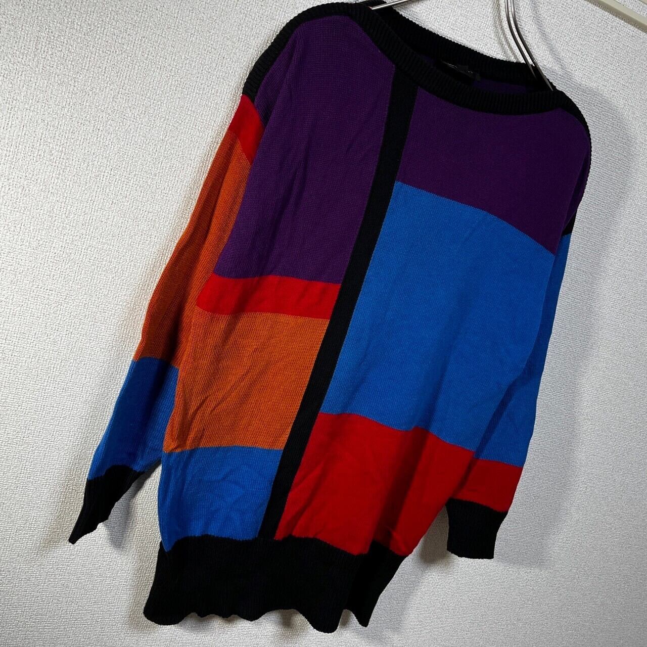 USA製 セーター ニット クレイジーパターン ド派手 紫 オレンジ黒15
