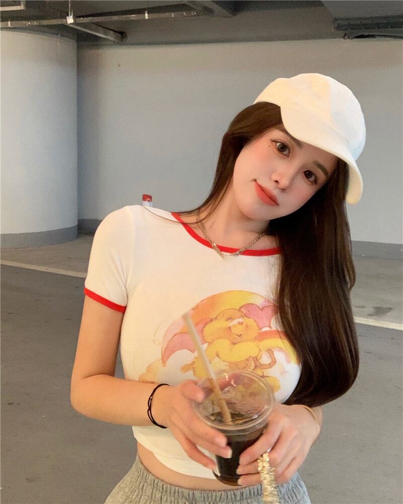 プリント柄Tシャツ レディースサマーショートスリムトップス 大人ガーリー スウィート キュート カジュアル 夏物 ピュア ブラックストロベリース67861771339