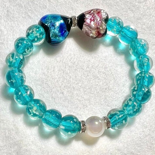 縁を結ぶ光のリボン　琉球ホタルガラス【蓄光】×海色蓄光ガラス×パワーストーンの子供用ブレスレット