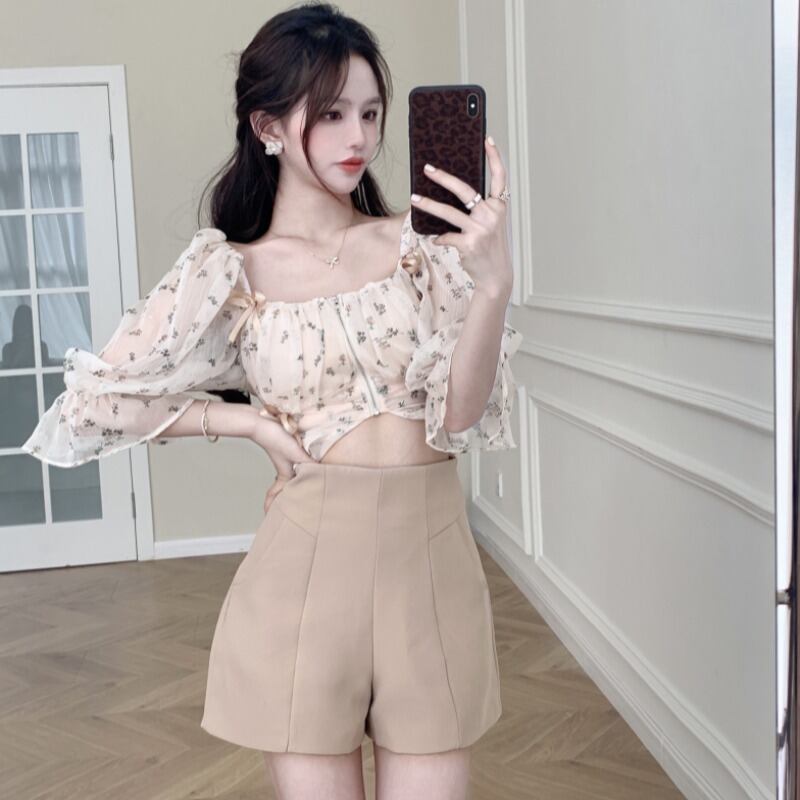 スリーブストラップレスフローラルシフォンシャツ トップス ハイウェストウェストワイドレッグショーツ ブルマー 花柄 ワイドパンツ ハンチェンe90883403908