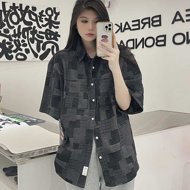 サブカル 服 地雷系 通販 モザイク柄 半袖シャツ 夏服 レトロ オーバーサイズ ストリート系バンギャ