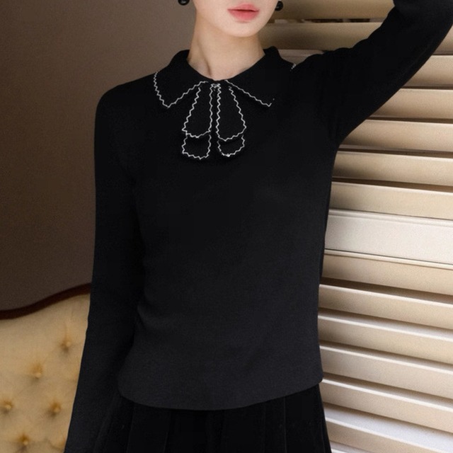 フリルリボンカラー ニットトップス W00318