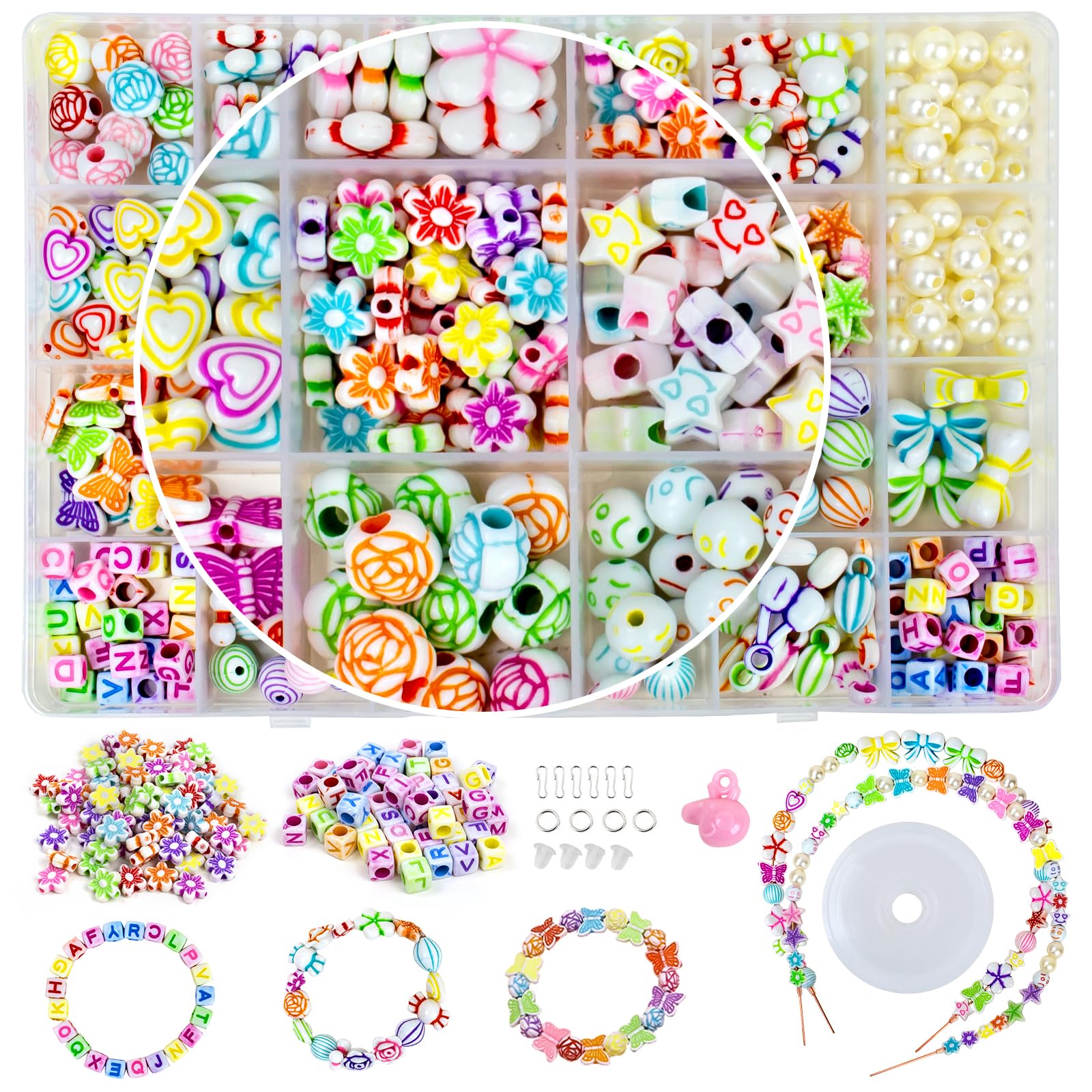 ビーズ おもちゃ DIY アクセサリー 女の子 ブレスレット 手芸 手作りキット ネックレス 紐通し カラフル カチューシャ 約450個 24種類 収納ケース付き ギフト 記念日 クリスマス 誕生日 プレゼント (ビーズ おもちゃ-真珠)