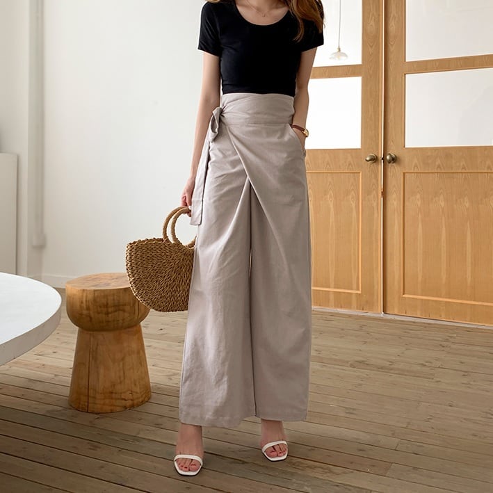 送料無料 5色 ラップパンツ ワイドパンツ カジュアル エレガント ハイウエスト 韓国ファッション