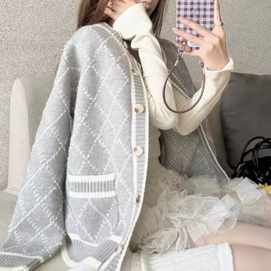 diamond rough knit cardigan