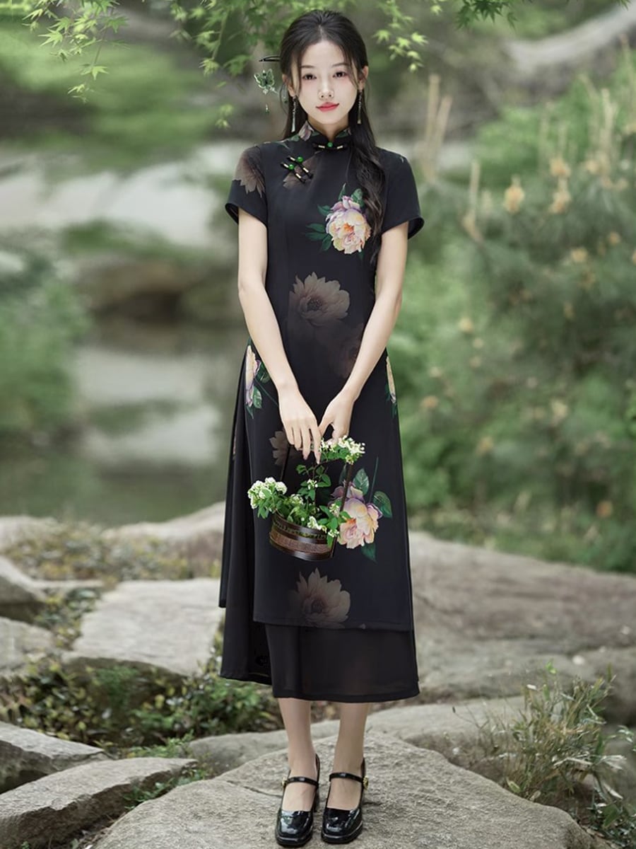 アオザイ風チャイナワンピースドレス 半袖 チャイナドレス アオザイ