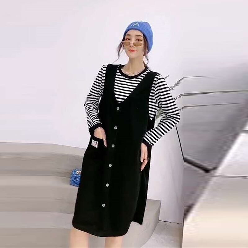 2020新しい秋のプラスのサイズの女性の脂肪の姉妹mm Tシャツサスペンダードレスツーピーススーツ ミックスインファッション4361239109