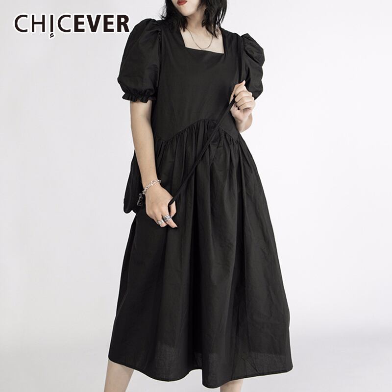CHICEVERドレスレディーススクエアカラーパフ半袖ウエストポケットシャーリングミディドレス2020年夏 ショート ハーフスリーブ サマー 夏物 スクウェア 6base536311643214