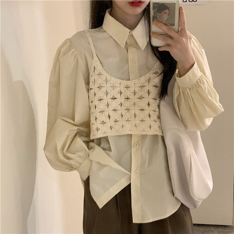 香港スタイルのレトロな白いパフスリーブシャツ女性の初秋の長袖ルーズシャツジャケットデザインニッチトップス ブラックストロベリース77722149625