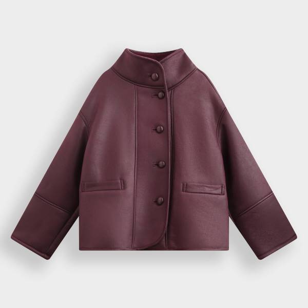ワインレッド エコムートン×ボア オーバーサイズジャケット ハイネック