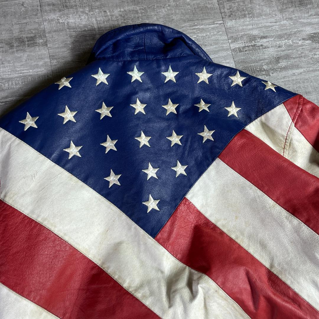 秀逸☆ 古着 USA 星条旗 国旗柄 レザージャケット 本革 M 秀逸☆ 古着 USA 星条旗 国旗柄 レザージャケット 本革 M