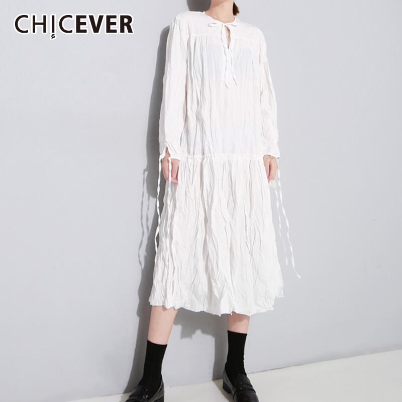 CHICEVERホローアウトドレスレディースOネック長袖レースアップシャーリングオーバーサイズドレス2020秋 ロング オータム 秋物 6base522191477726