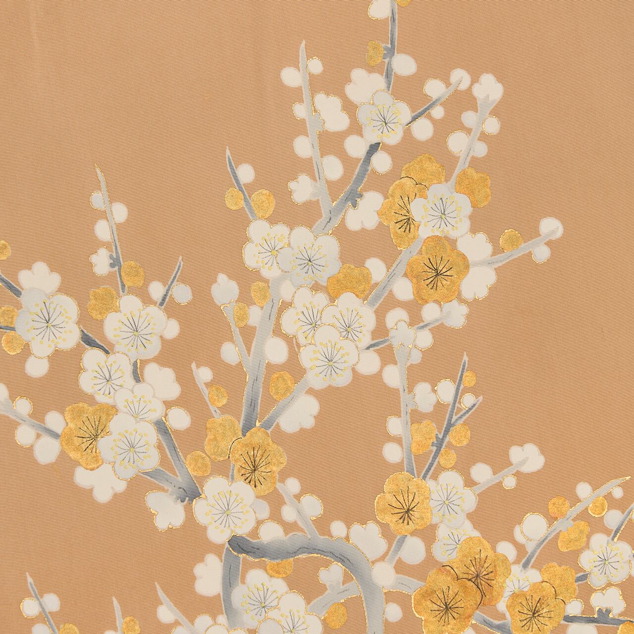MO-3295 名古屋帯 手描き 花模様 薄卵色 金彩 ○【志都香】西陣織九寸名古屋帯「紗綾菊花文」季節を纏う優美な花模様