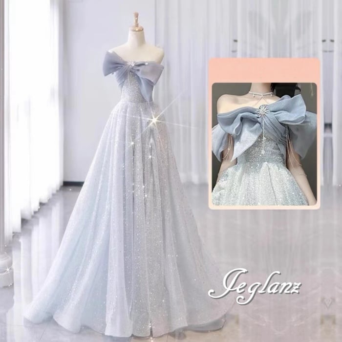 華やか パーティ イブニングドレス ベアトップ 背中 編み上げ ラメ 光沢感 ♪(M7412)ζ