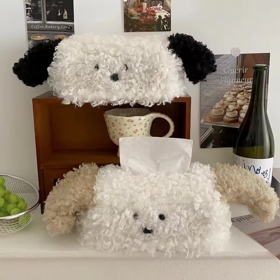 ぬいぐるみ犬ティッシュボックス｜白×茶 | moncoffret
