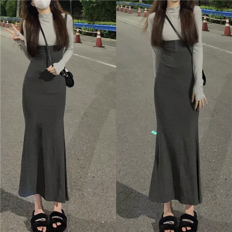 トップス スカート ワンピース セットアップ ミモレ ミモレ丈 ロング ロング丈 袖あり 長袖 萌袖 ラウンドネック スリム タイト ストレート Iライン サスペンダー 上下セット 2点セット かわいい 大人可愛い シンプル おしゃれ お洒落 こなれ感 ラフ ラブリー キュート ルーズ 抜け感 無地 春 秋 10代 20代 レディース 女性用 女の子 学生 デート お出かけ 着回し 普段使い お揃い サイズ S M L 灰色 グレー くすみカラー 大人カラー