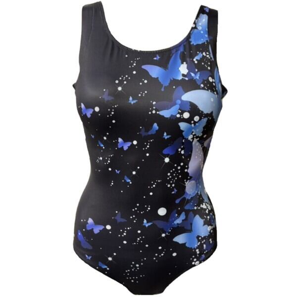 WD-565108 npフィットネス水着 そで美人シェイプワンピース パネル/蝶(BLU) サイズ/9号〜15号