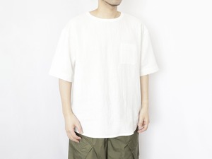 Upscape Audience / フレンチリネン グラスポケ付 ヘムラウンド ハーフスリーブ 布帛シャツ - OFF WHITE