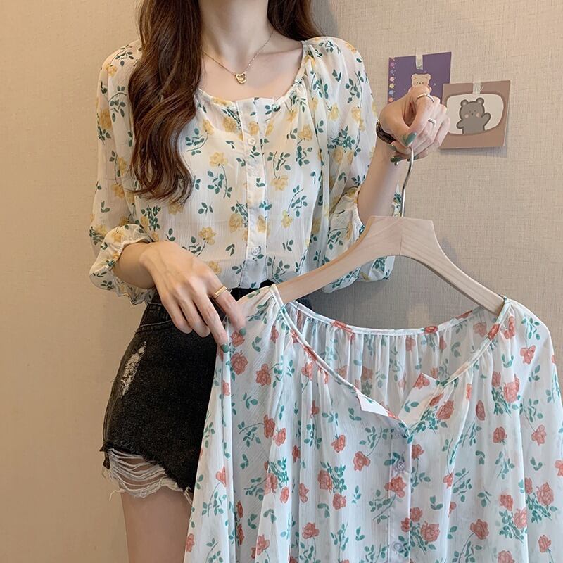 シャツ サマー薄手フローラルスリーブルーズシフォン 夏物 花柄 1号婦人99794539820