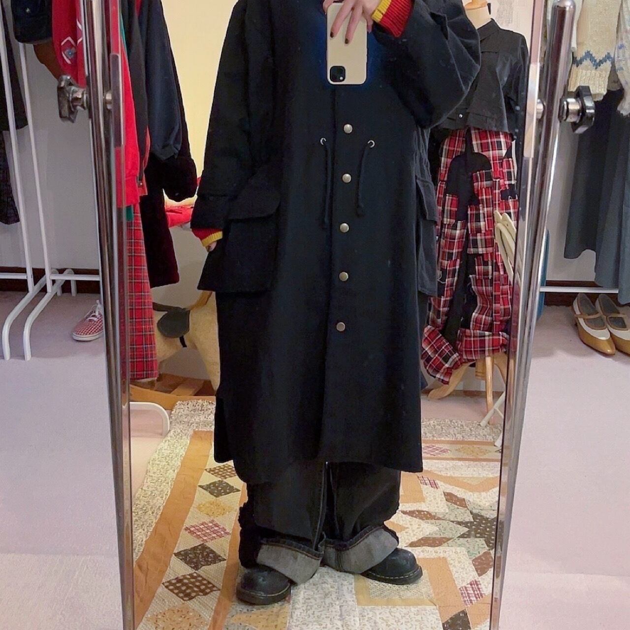 black beige check hoodie coat