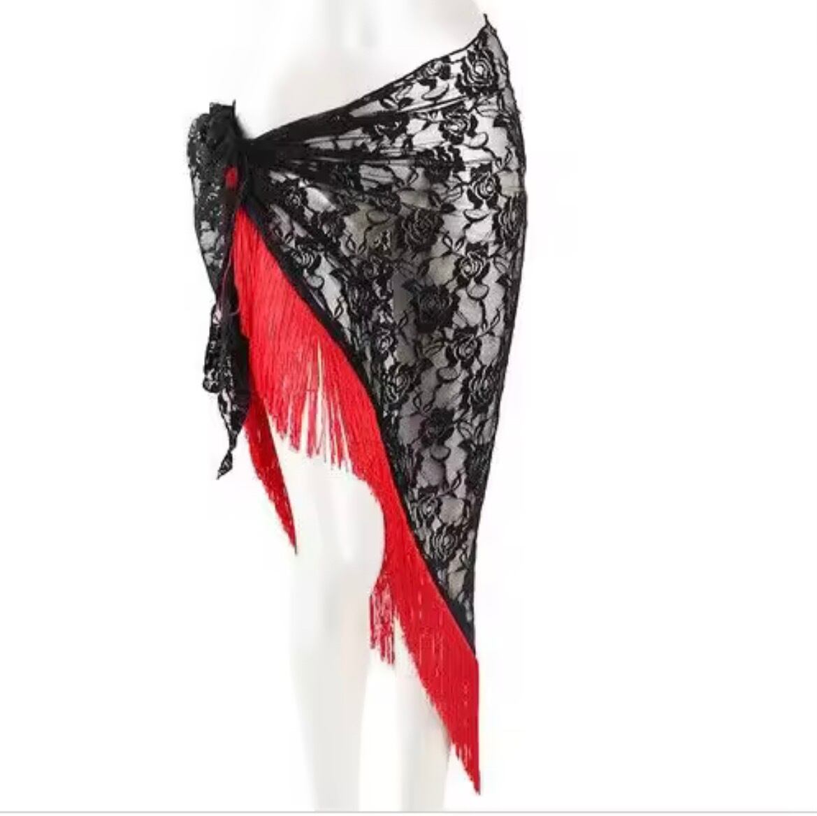 ヒップスカーフ レース フリンジ ブラック レッド