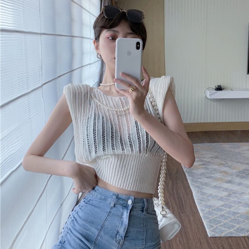 プルオーバー ラウンドネック薄手ニットセーター ノースリーブチェーン ショートソリッド カラートップス レディース Oネック ソリッドカラー ハンチェンe30668673088