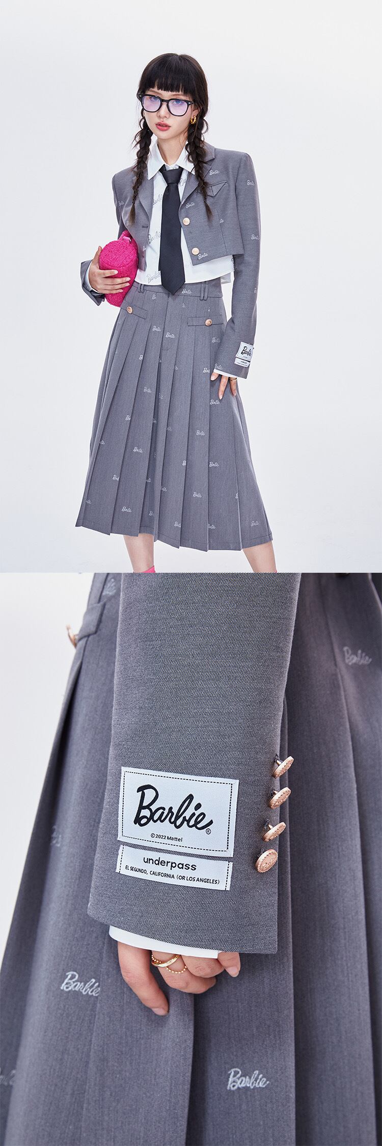 セットアップ】ベージュ グレー プリーツスカート スーツ セットアップ