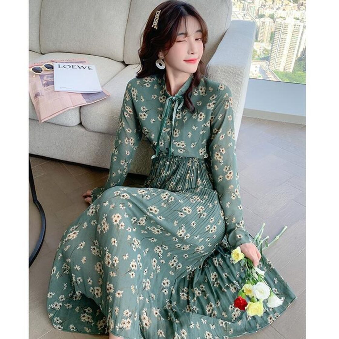 大きいサイズワンピース ロングワンピ 花柄 袖あり リボン ロング丈 