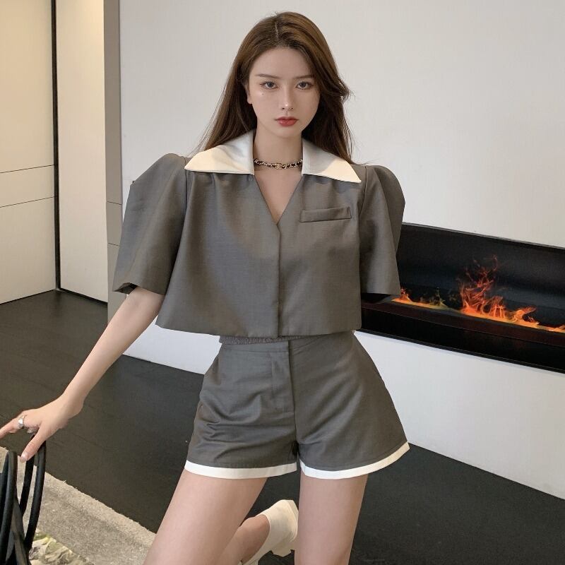 スタイルスリーブショートジャケット ハイウェストウェストルーズワイドレッグショーツ ブルマー ワイドパンツ ハンチェンe10407372922