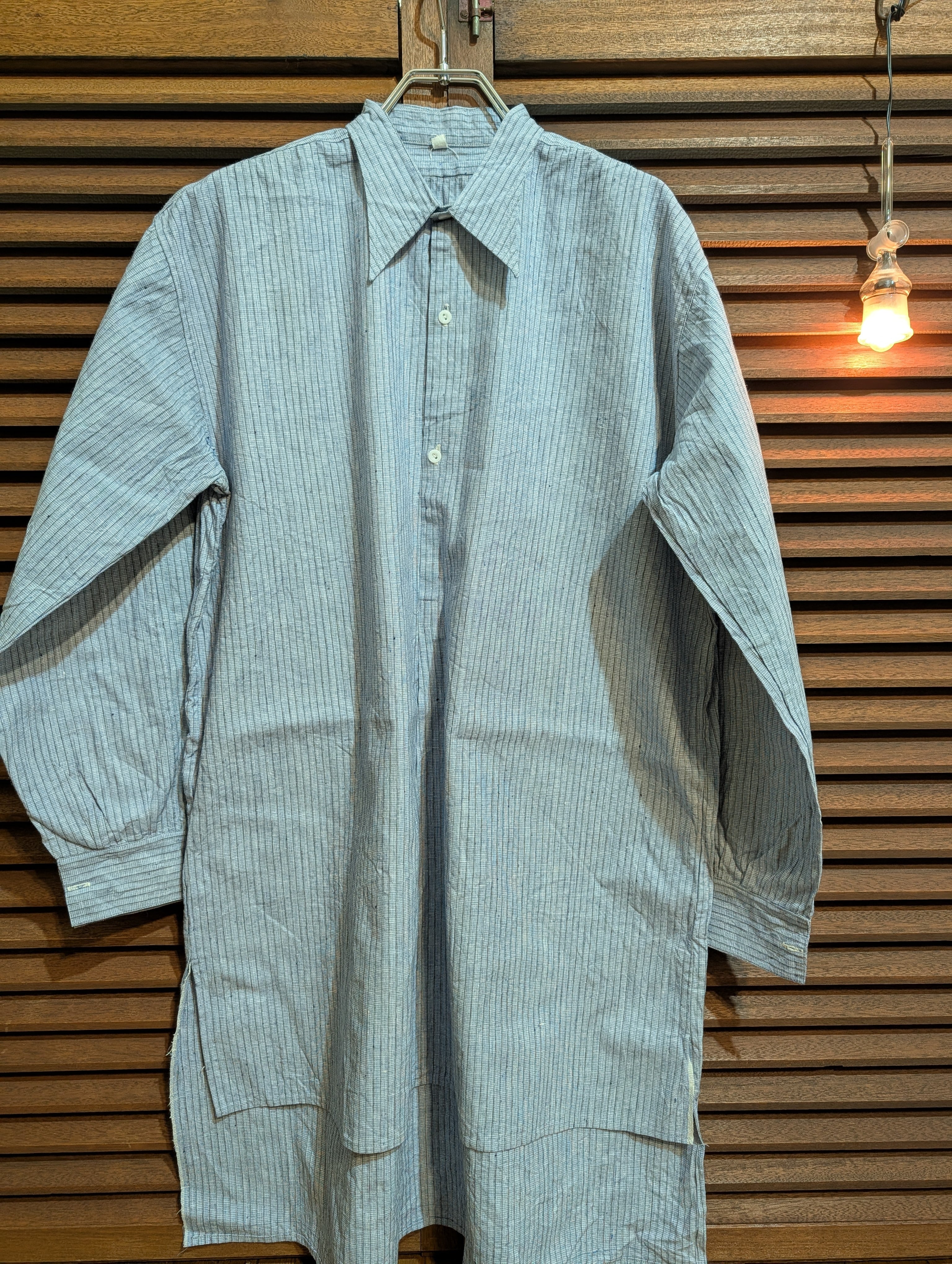 30-40s France Grandpa Shirt Linen Stripe MilkGlassButton