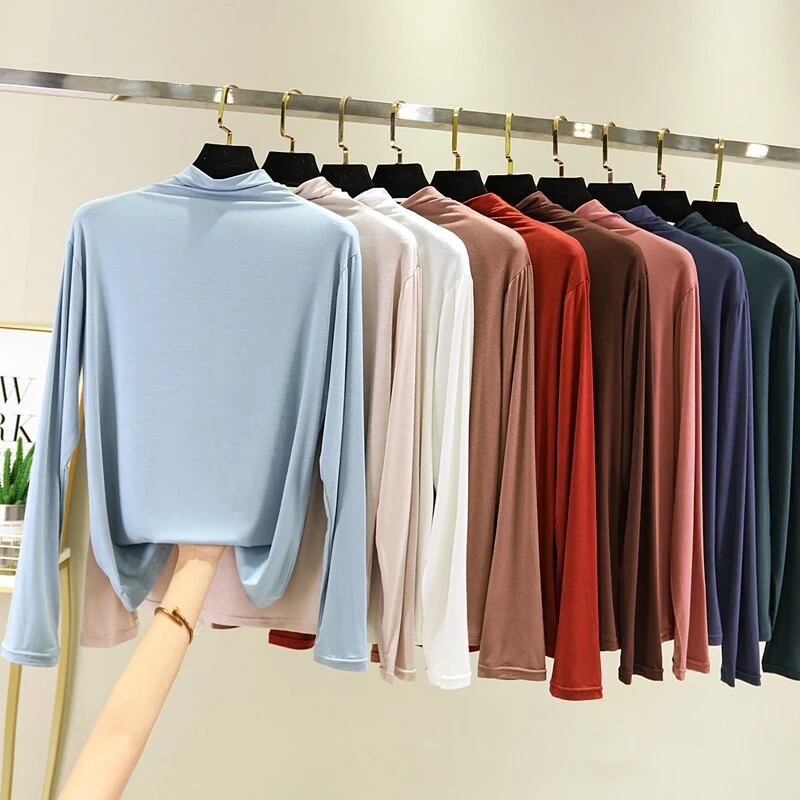 大きいサイズ レディース モーダル長袖ベースシャツ ハーフハイネック 薄手 韓国風