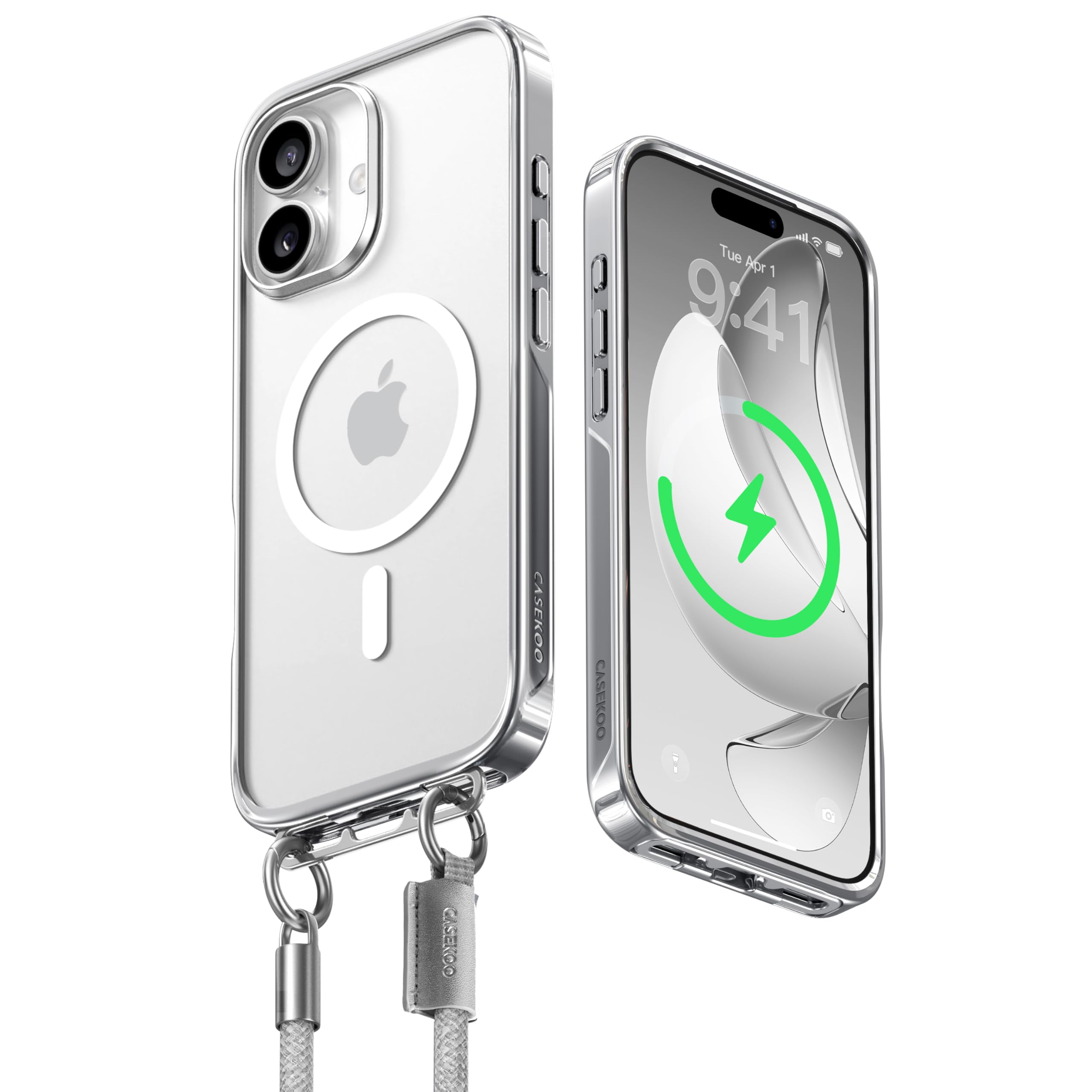 CASEKOO iPhone 17 用 ケース【業界初ストラップ構造・Magsafe対応】 クリア 隠しバックル 最大25W急速充電対応 超 耐衝撃 高耐久性 透明 黄変防止 スマホ ストラップ ハンドストラップ付属 落下紛失防止 両手解放 いphone17用ケース 6.3インチ「LINKOO」(シルバー)