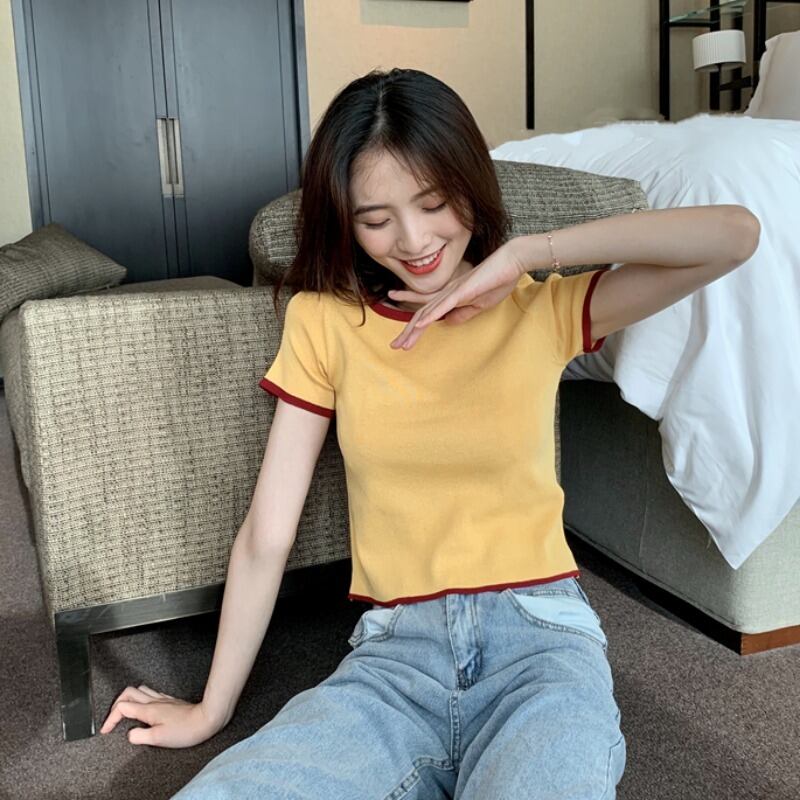 2020年初春の新バージョンのインは薄くてヒットカラーのワイルドショートニットトップラウンドネック半袖ネットレッドTシャツレディース 1号婦人89448870194