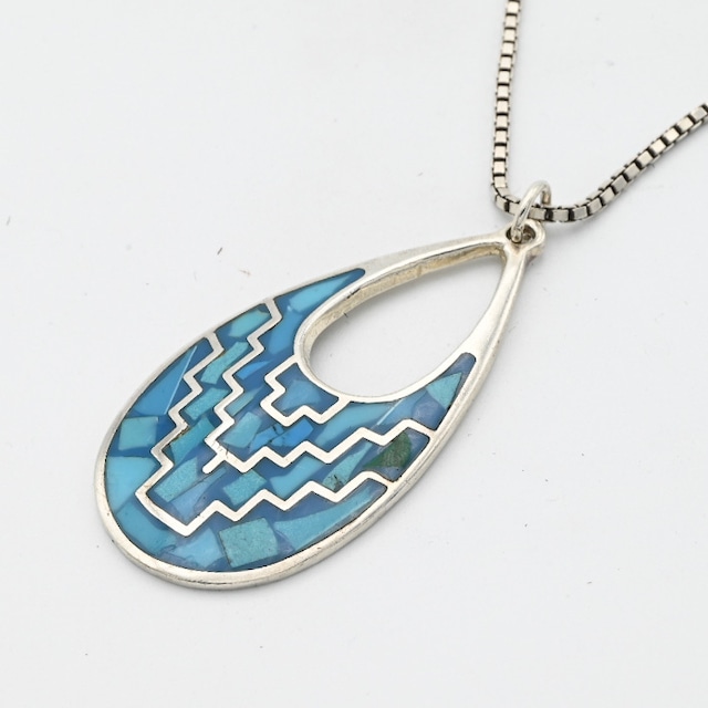 Turquoise Chip Inlay Teardrop Shape Necklace / Mexico