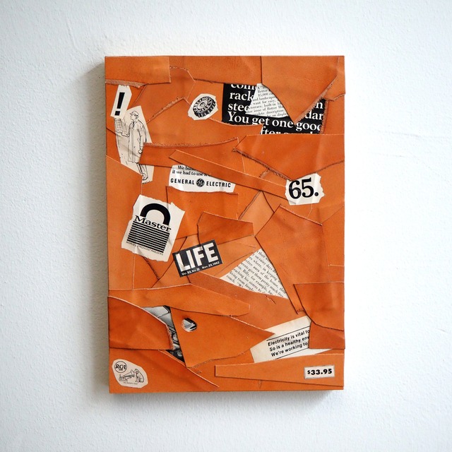Collage art of leather and vintage magazines (A4 size) Wooden panel