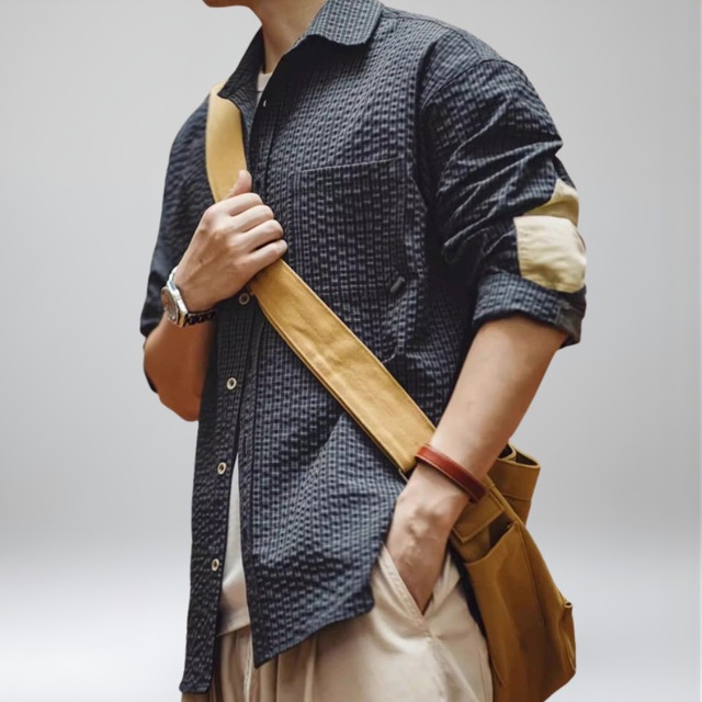 【H1116】Patch Long Sleeve Shirt Color Check Shirt