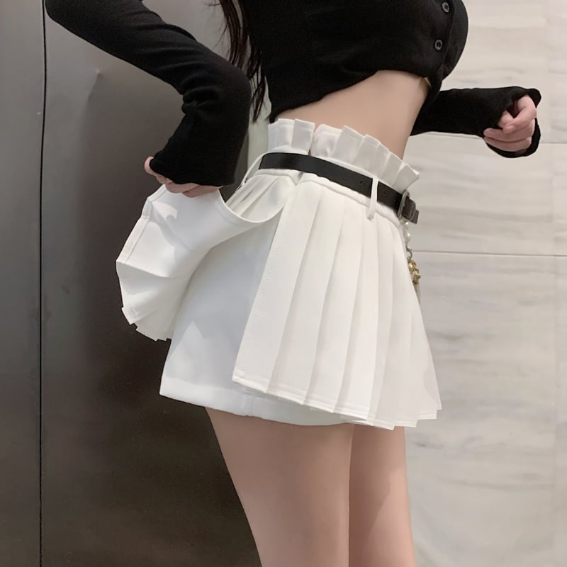 ミニスカート キュロット 韓国 デニム ブラック 黒 ショートパンツ ベルト付