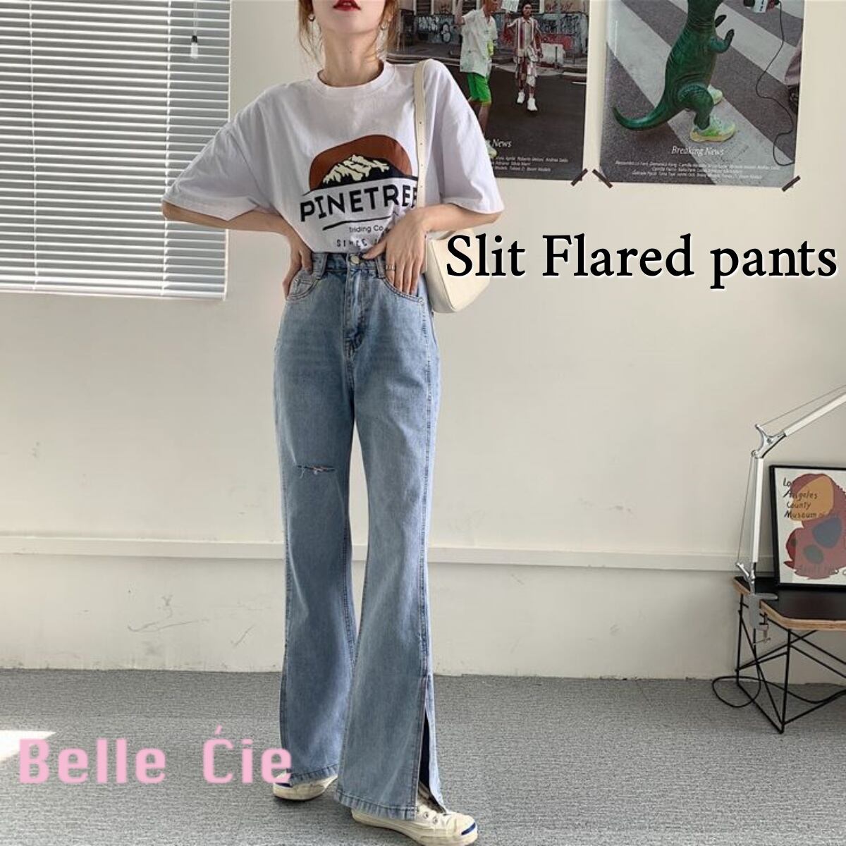 フレアパンツ スリット デニムパンツ ジーンズ レディース Gパン ズボン ベルボトム ロングパンツ