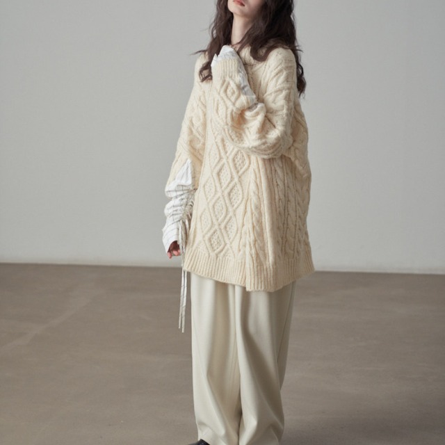 cable-knit shirt-docking oversized knit　J00448