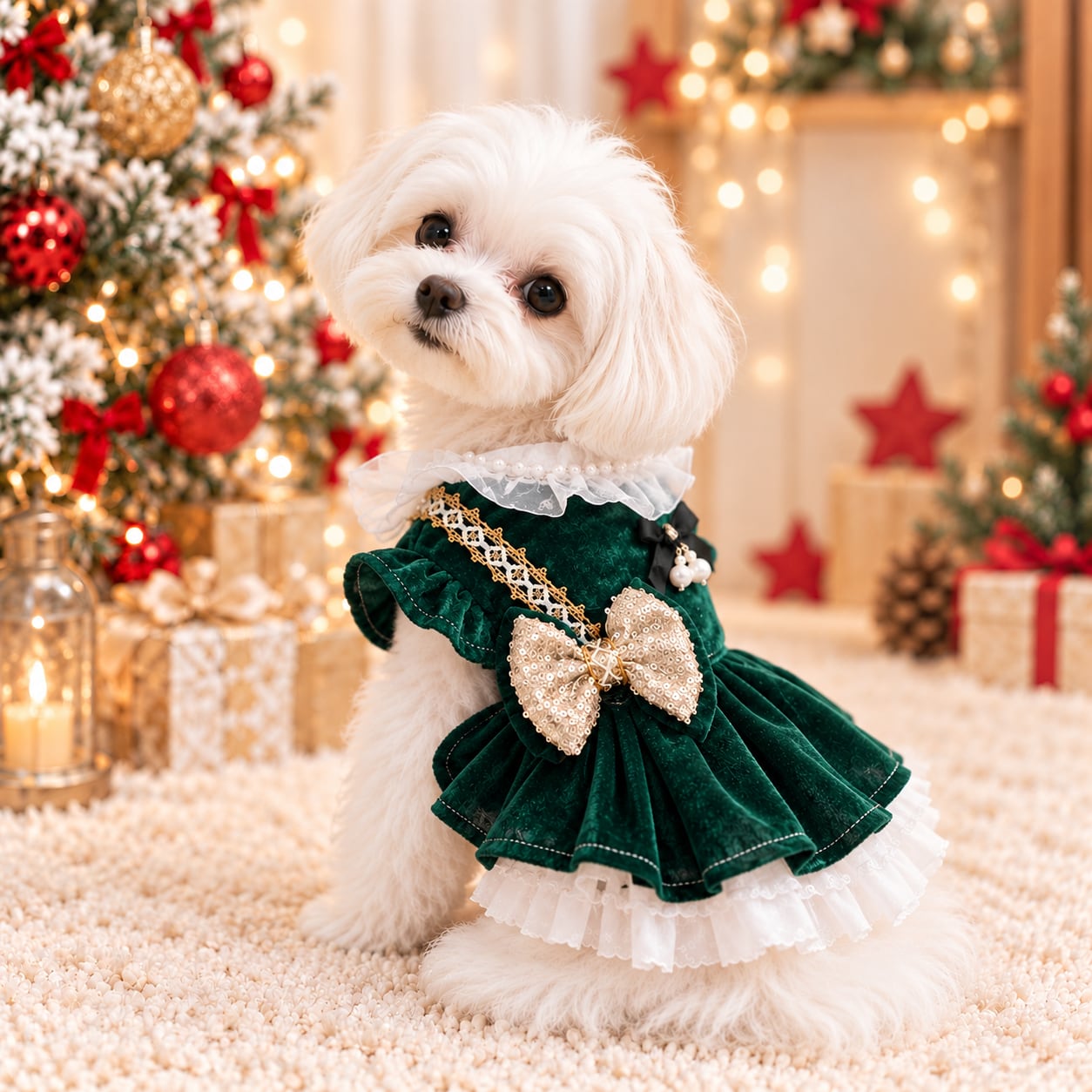 【海外ハンドメイド】グリーンベルベットクリスマスワンピース 犬服 01381