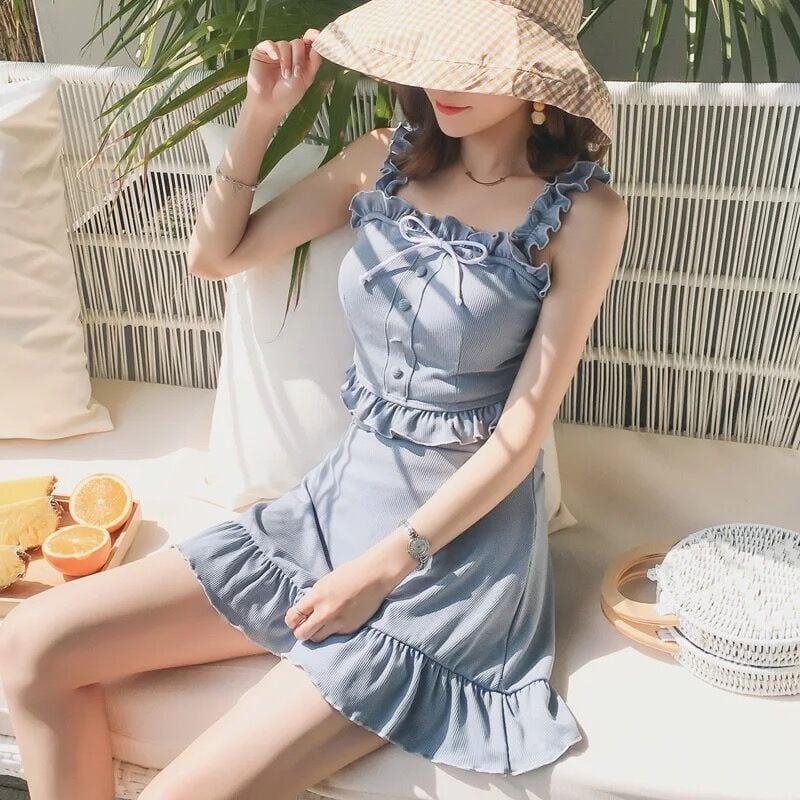 ☆フリルスカート ワンピース水着 体型隠し 韓国系 パピヨン ブルー 水着 夏 セット フリル スカート シンプル 体型隠し
