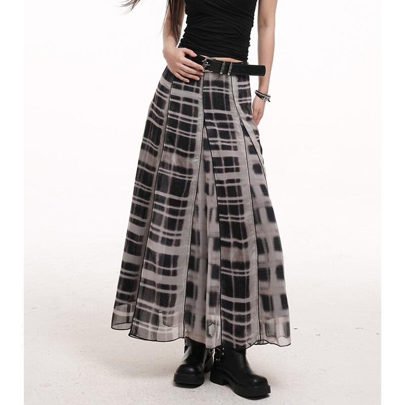 sheer check long skirt 10844