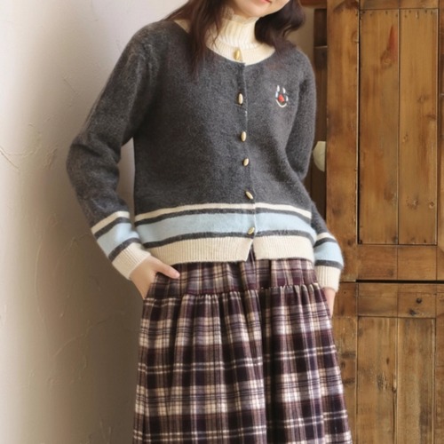 裾ボーダー柄デザインニットカーデ ・9630