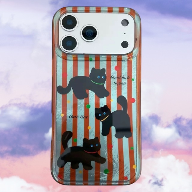 黒猫 ストライプ iPhoneケース | スマホケース iPhone ケース アイフォンケース | 機種 iPhone 14 15 16 17 Pro Max シリーズ