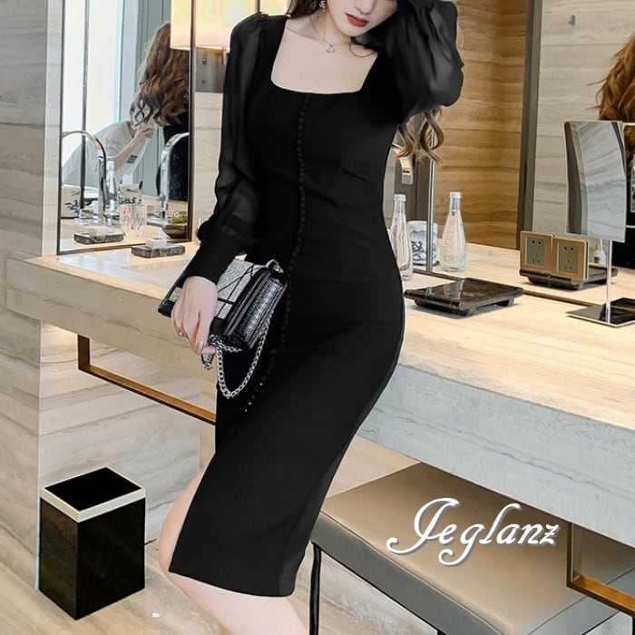 2色 パーティ ドレス ワンピース ボタン スリット入り 肌透け(M6241)ζ