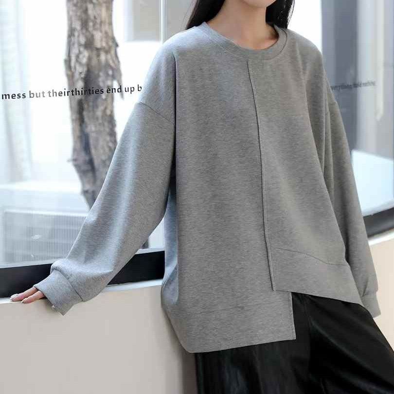 ASYMMETRIC HEM RELAXED ROUND NECK SWEATSHIRT M-18169