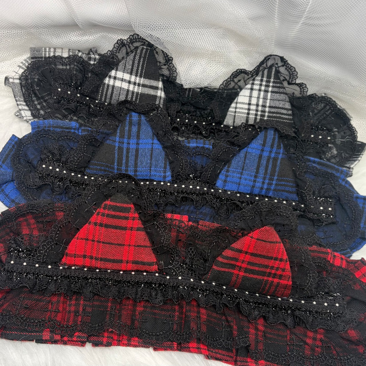 ♡【全3色】サブカル系 チェック柄&ブラックフリル 猫耳ヘッドドレス black ♡
