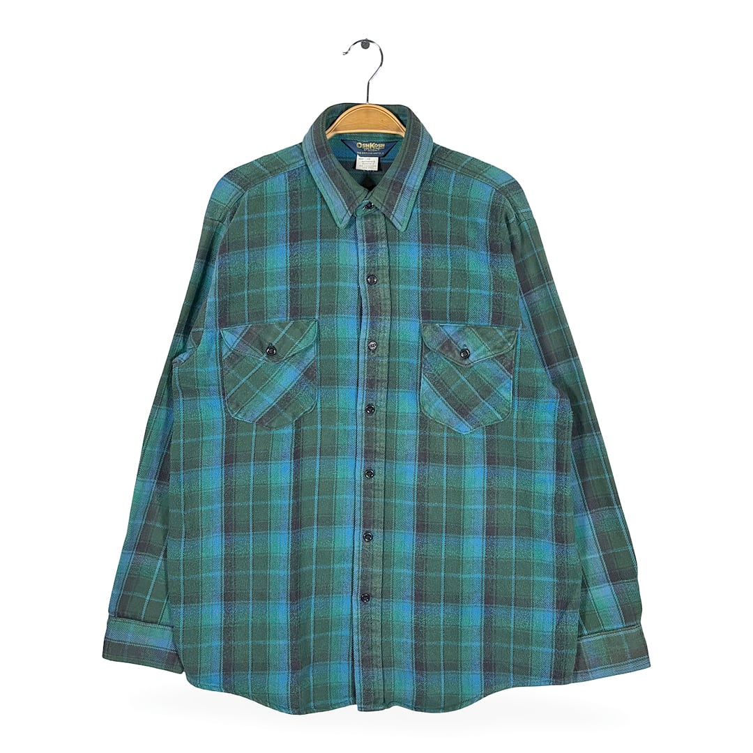 80s 90s オシュコシュ ビゴッシュ ホンジュラス ヴィンテージ ネルシャツ ブルーチェック ヘビーフランネル 長袖シャツ オンブレー OSH KOSH B'GOSH サイズL CA1579