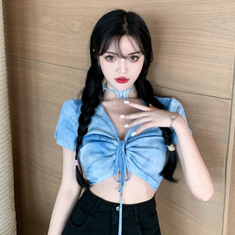 ショートブラウス サマーVネッククロップドTシャツ 夏物 ハンチェンe39842815661